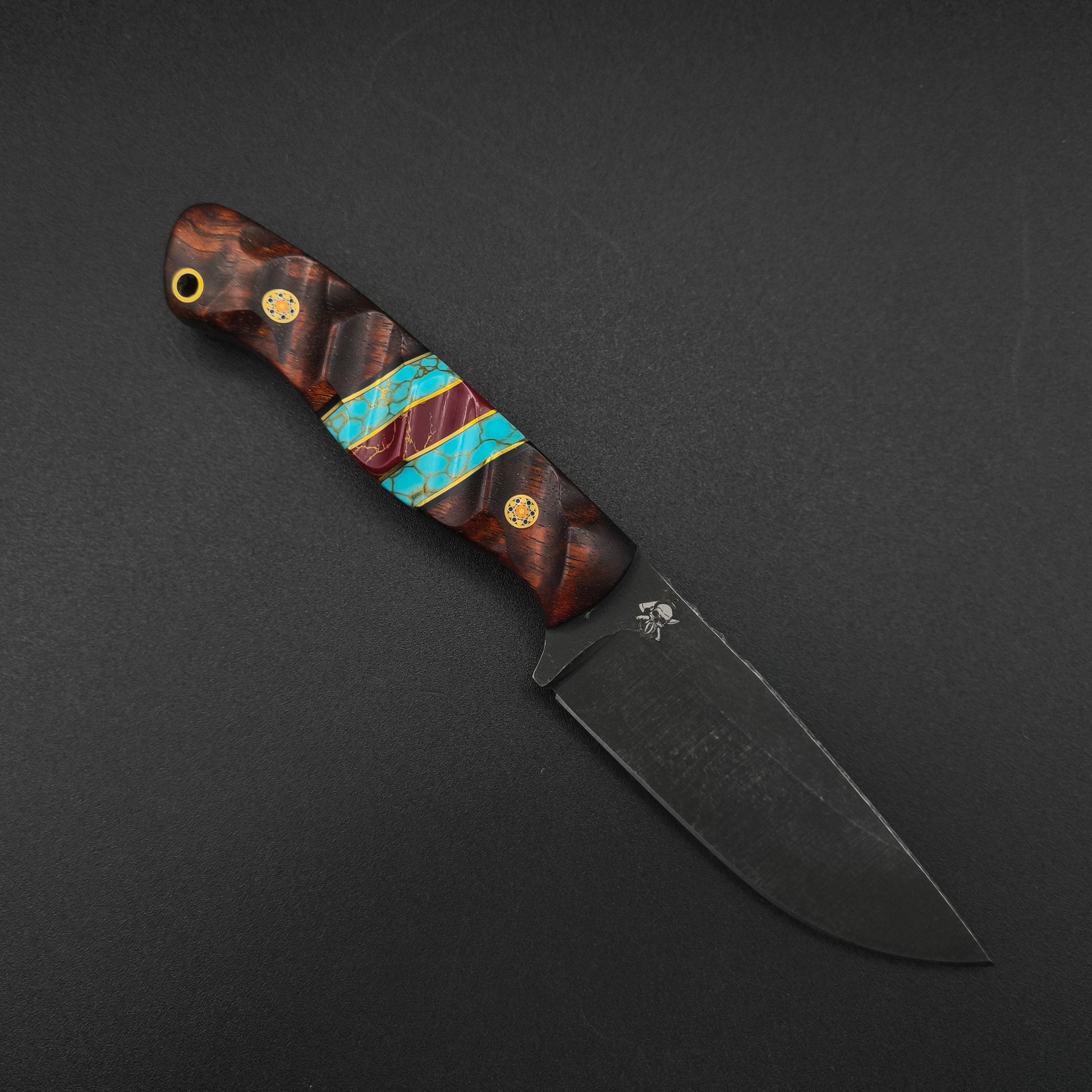 Sea Sick Blades Fieldcraft Hawaiian Curly Koa, Gold Webbed Turquoise 80CrV2 1