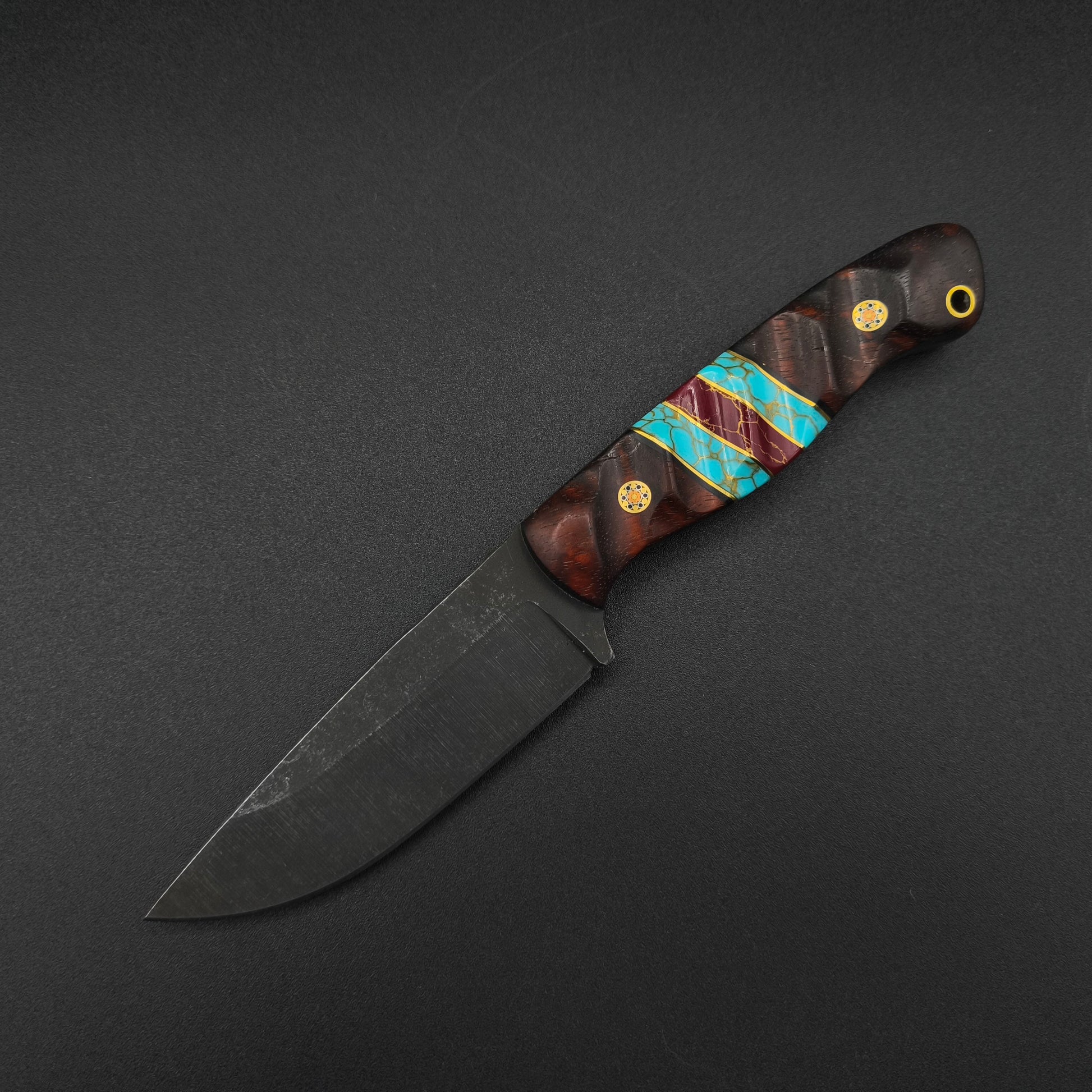 Sea Sick Blades Fieldcraft Hawaiian Curly Koa, Gold Webbed Turquoise 80CrV2 2