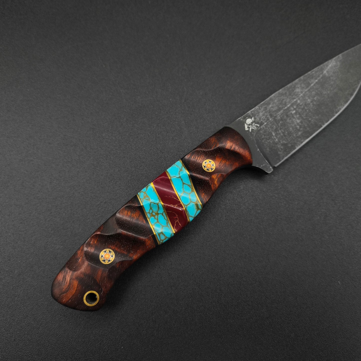 Sea Sick Blades Fieldcraft Hawaiian Curly Koa, Gold Webbed Turquoise 80CrV2 4