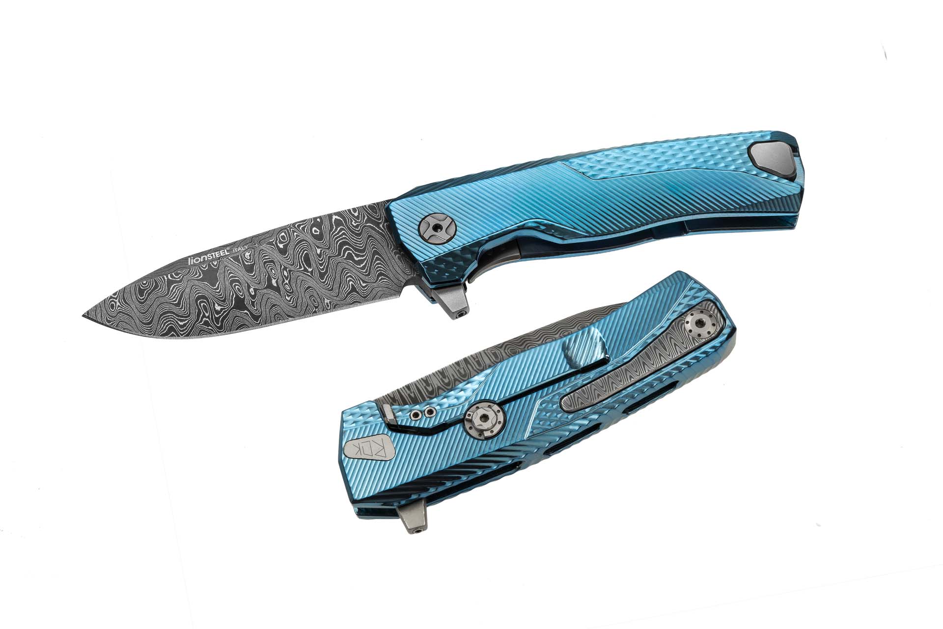 LionSteel ROK Damascus Blue Titanium 1